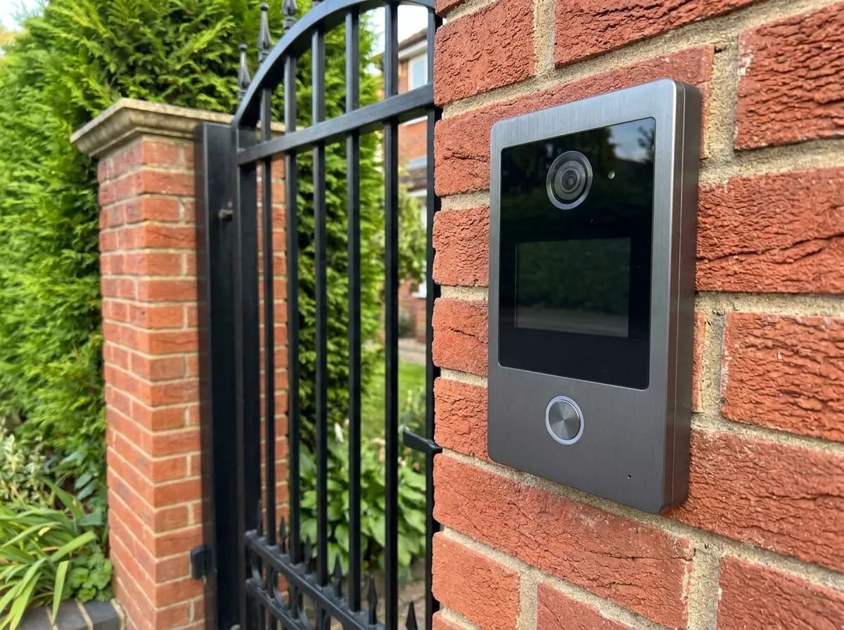 A modern grey video intercom system with a camera and button mounted on a red brick gate pillar next to a black metal gate, with lush green hedges in the background.
